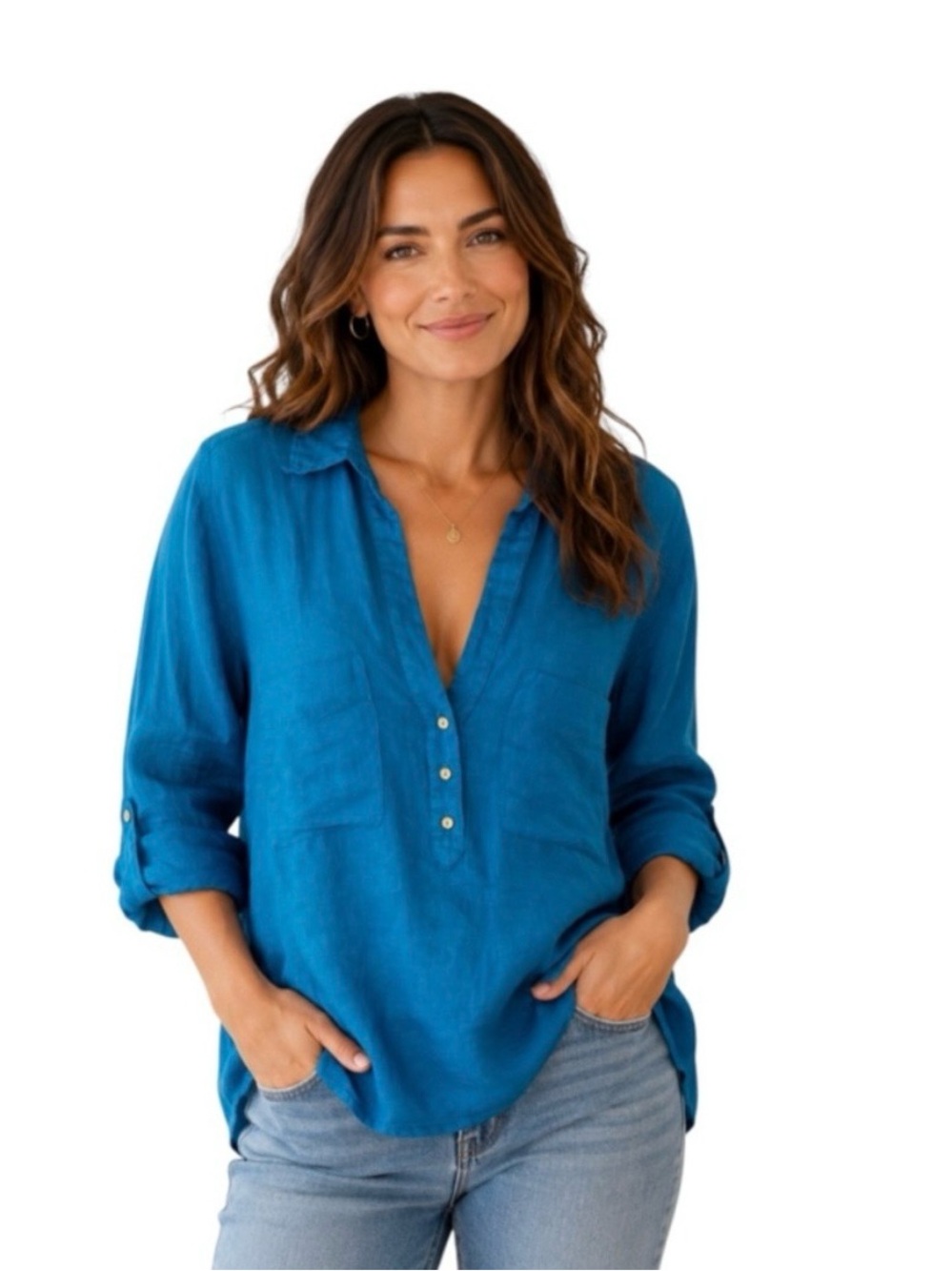 Zara Teal Button-Front V-Neck Linen Shirt